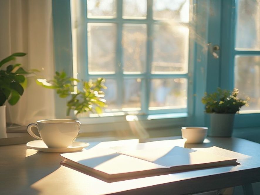 Peaceful morning workspace with natural light and organising elements