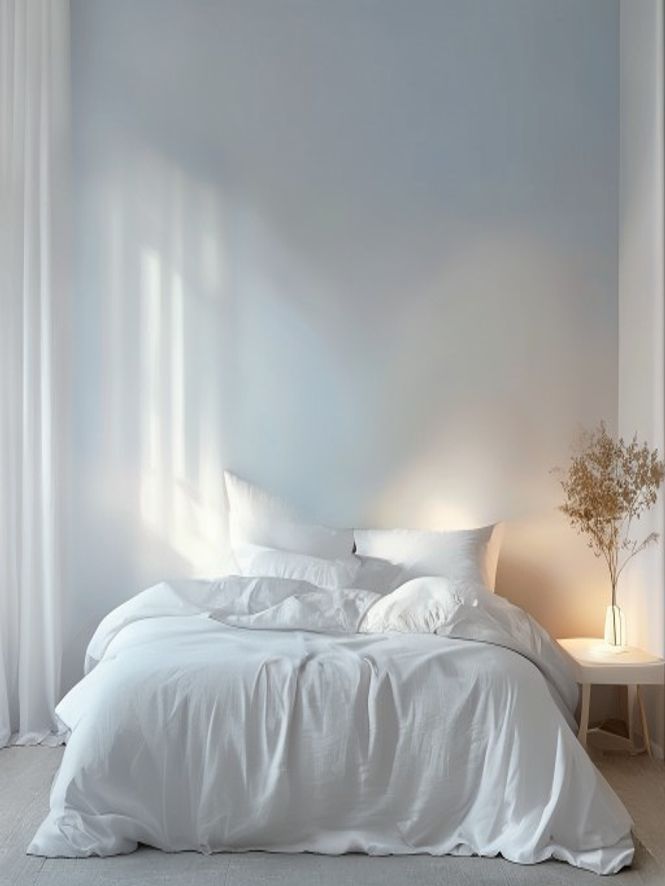 Prepared bedroom with clean bedding and soft ambient lighting